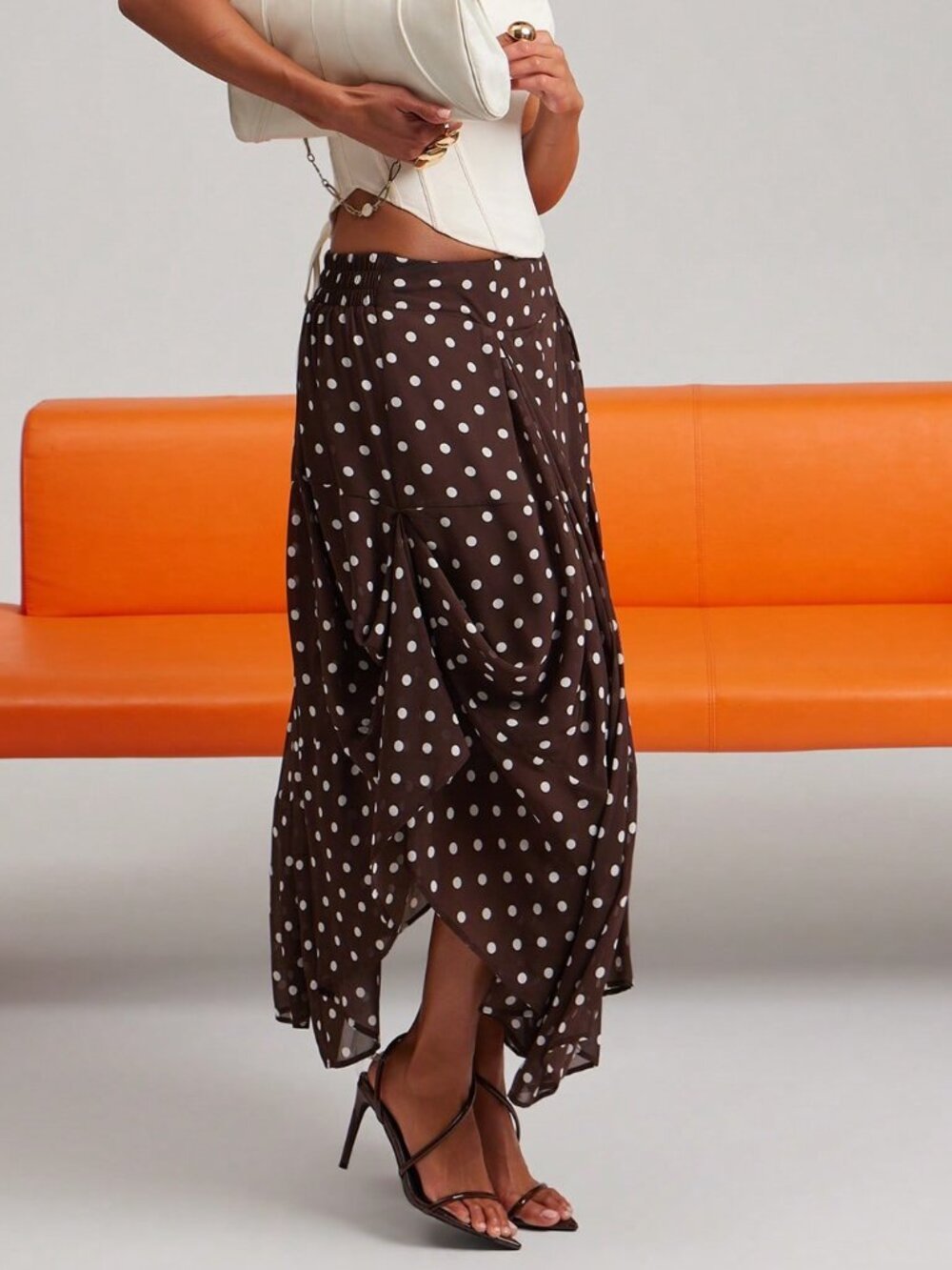 Multicolor Casual Women's Polka Dot Midi Length Asymmetrical Skirt - Picture 4 of 7